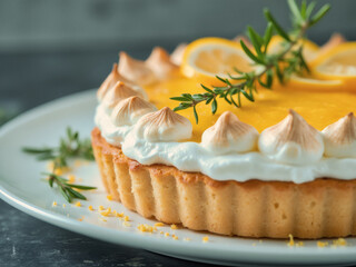 A freshly baked lemon meringue pie garnished with lemon slices and sprigs of rosemary, served on a white plate with crumbs scattered around.
