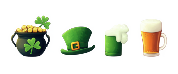 St. Patrick's Day Icons PNG: Shamrock, Hat, Pot of Gold, Beer