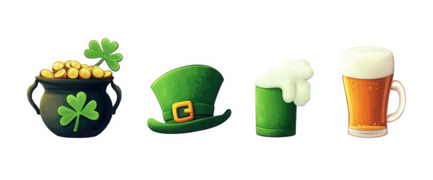 St. Patrick's Day Icons PNG: Shamrock, Hat, Pot of Gold, Beer
