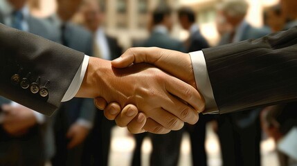 A handshake agreement between a businessman and businesswoman at a group board meeting, signifying a successful partnership
