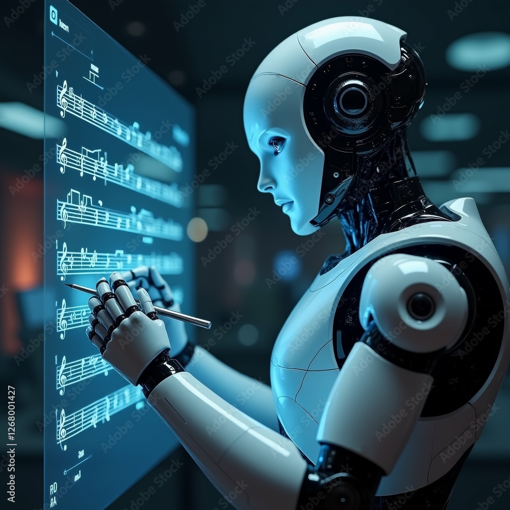 Poster futuristic robot white black color scheme robot has round head two large eyes small nose holding pen