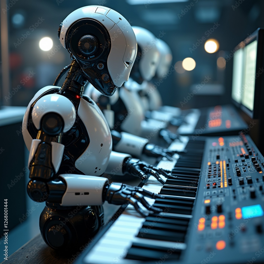 Poster group robots sitting desk front keyboard robots white black color futuristic design facing same dire