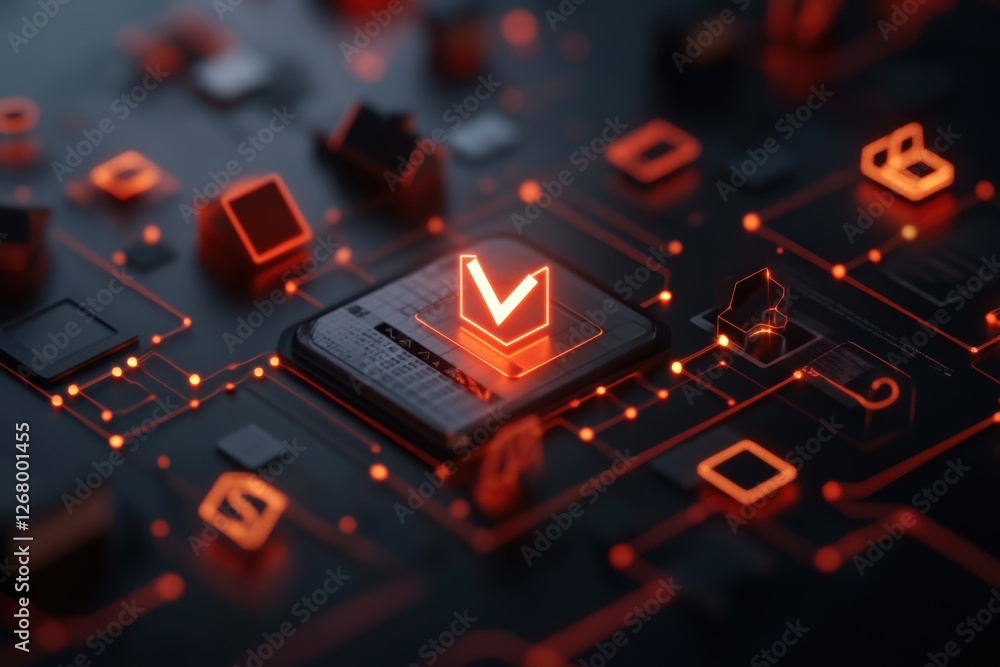 Poster modern technology concept with glowing circuits and checkmark