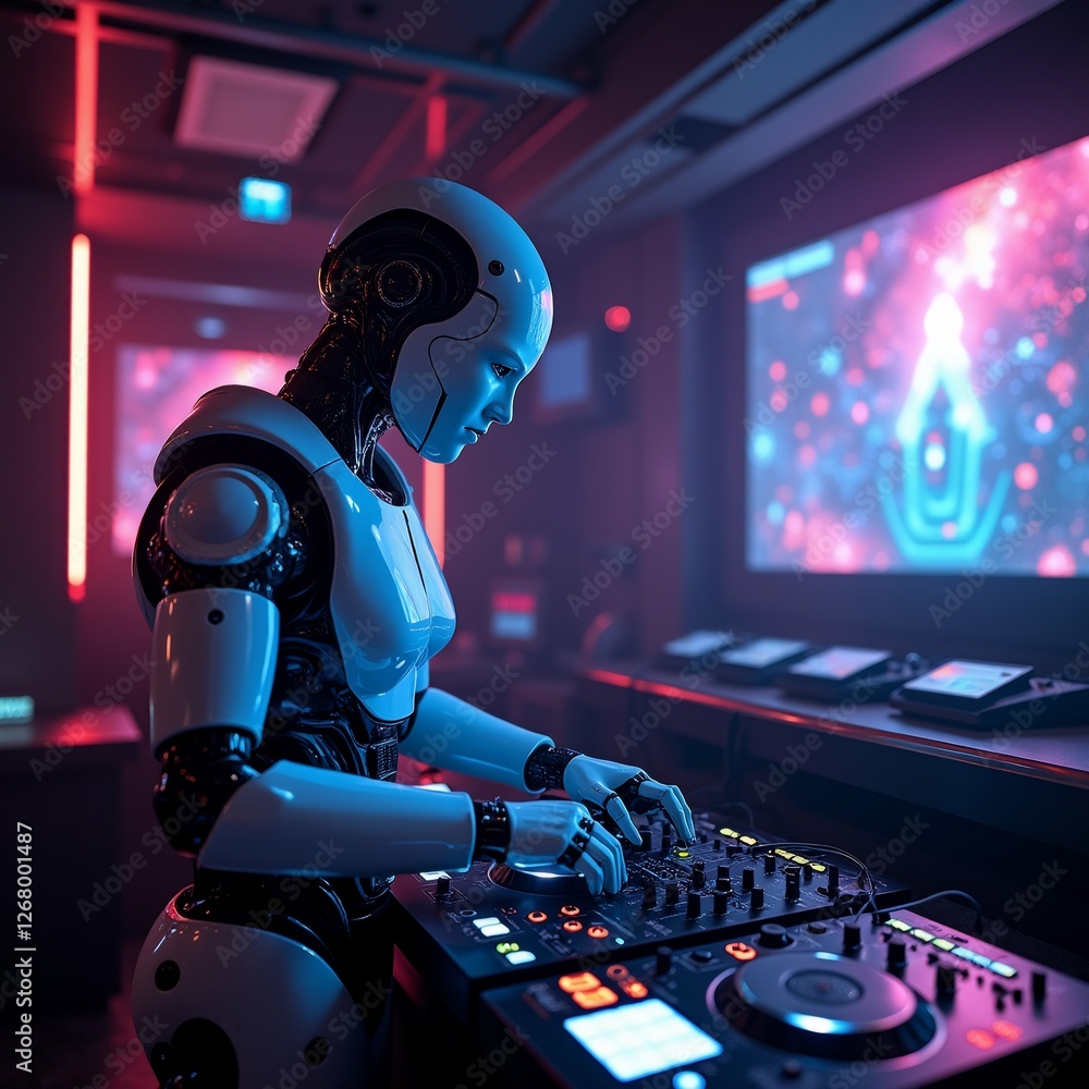 Poster robot nightclub setting robot white black color standing front mixer wearing helmet futuristic desig