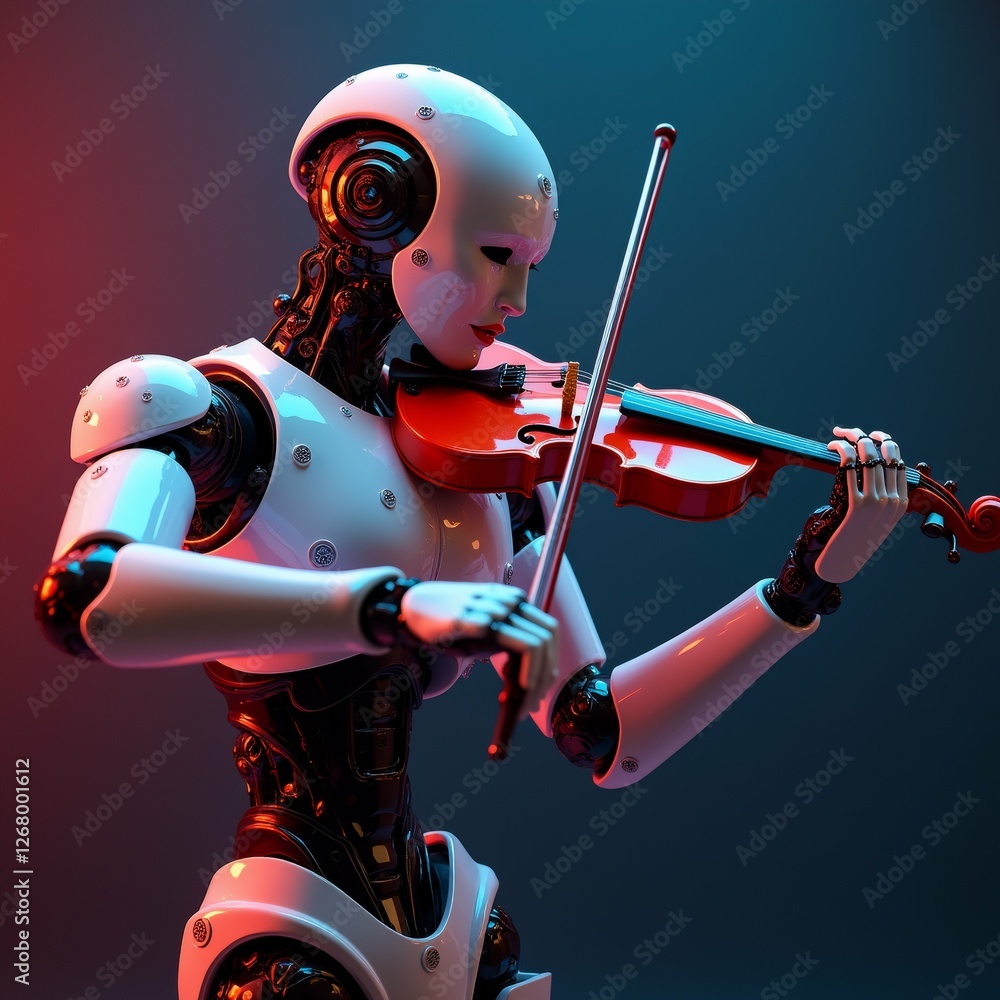 Poster robot playing violin robot white black color has futuristic design has round head large eye like str