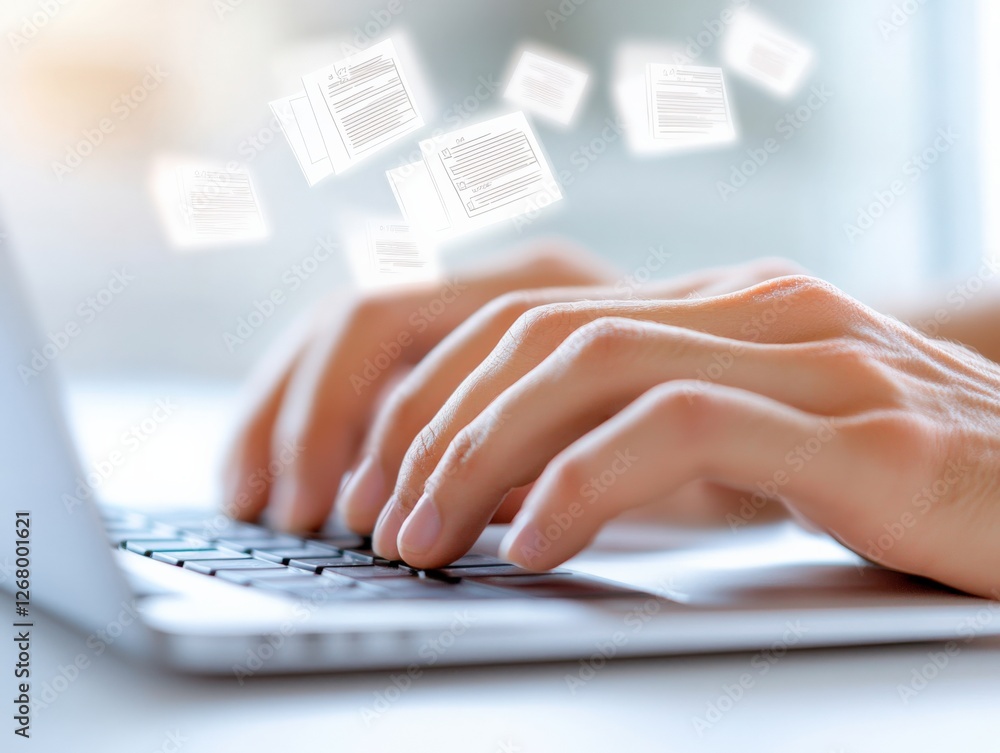 Poster hands typing on laptop with floating documents