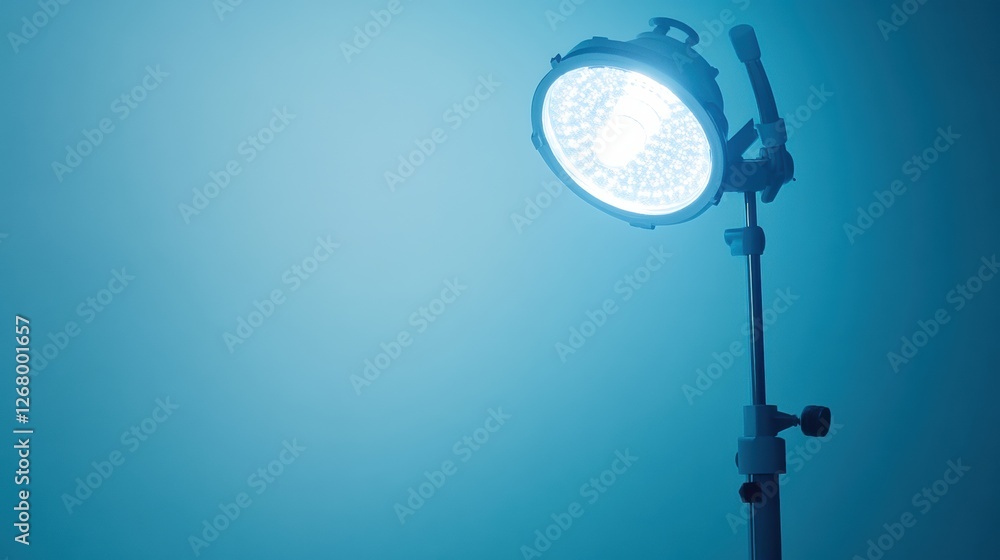 Poster bright studio light illuminating a blue backdrop during a creative photo shoot in an artistic space.