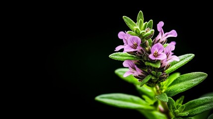 Obraz premium Delicate pink flowers of savory herb against a dark background. A vibrant image showcasing the beauty of nature's bounty.