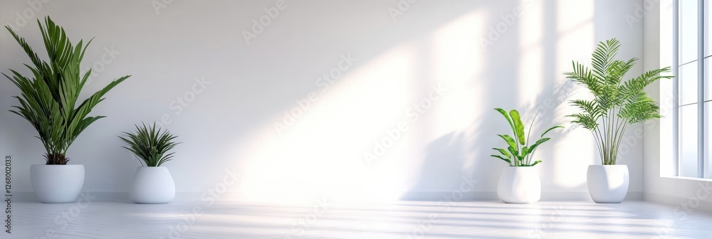 Poster bright indoor space with potted plants creating a serene atmosphere and natural light filtering thro