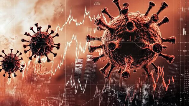 Virus cells emerge amidst city skyline with financial graphs in the background at dusk - Powered by Adobe