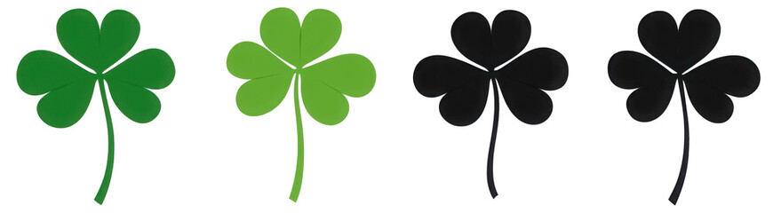 Four shamrock icons in contrasting black and green. Perfect for St. Patrick's Day themes, symbolizing Irish luck and festive celebrations