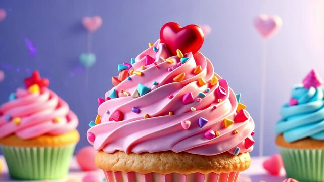 Colorful cupcake celebration with heart toppers and sprinkles. Animated bakery banner, food blog post, greeting card, Birthday invitation, party background