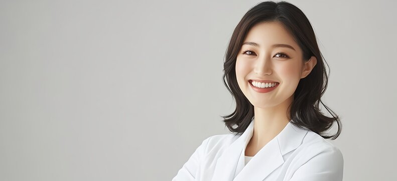 A young Japanese woman who is beautiful with a smile, a smarmy doctor, and her arms folded.