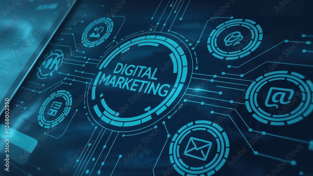 Poster digital marketing concept highlighted on a futuristic interface display
