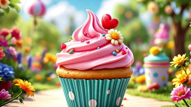 Whimsical cupcake in a colorful enchanted garden with charming decorations. Animated bakery banner, food blog post, greeting card, Birthday invitation. 
