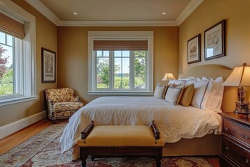 Cozy bedroom with a large window and elegant decor in a sunny location during the day. Generative AI