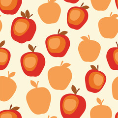 Seamless pattern with apple on color background. Natural delicious fresh ripe tasty fruit. Vector illustration for print, fabric, textile, banner, design. Stylized apples with leaves. Food concept.