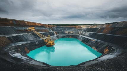 Industrial mining excavator submerged in a pool of turquoise water