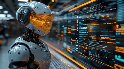 Fototapeta premium Smart city digital world metaverse, 3D AI artificial intelligence robot engineer digital technology security power energy sustainable environment technology futuristic interface, 3D city interface 