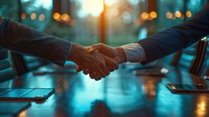 A handshake agreement between a businessman and businesswoman at a group board meeting, signifying a successful partnership