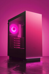 PC Case: Sleek modern computer case. Minimalist, contemporary and modern design. Glass panels and dark steel frame. RGB lighting. Industrial design. Computer hardware design concept.