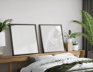 Poster Mockup with a black square thin frame, Minimal aesthetic bedroom, tropical shadows, posters, frames