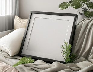 Poster Mockup with a black square thin frame, Minimal aesthetic bedroom