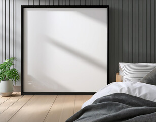  Big Poster Mockup with a black square thin frame on the floor, Minimal aesthetic bedroom, shadows