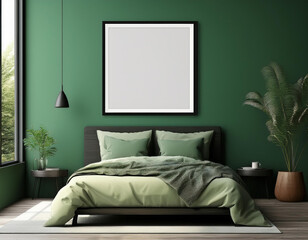 Poster Mockup with a black square thin frame, Minimal aesthetic green tropical bedroom