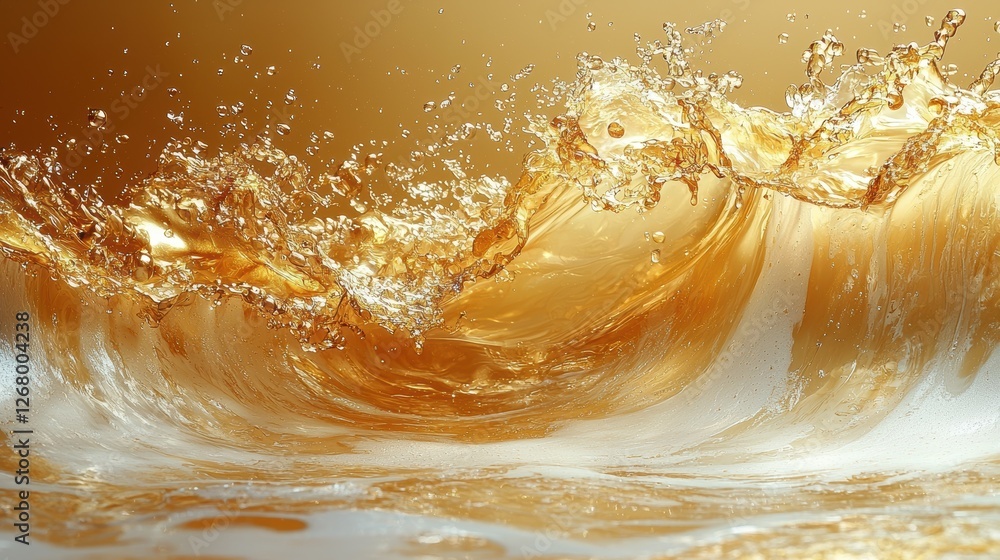 Poster splashing waves of golden liquid create an energetic and dynamic scene.