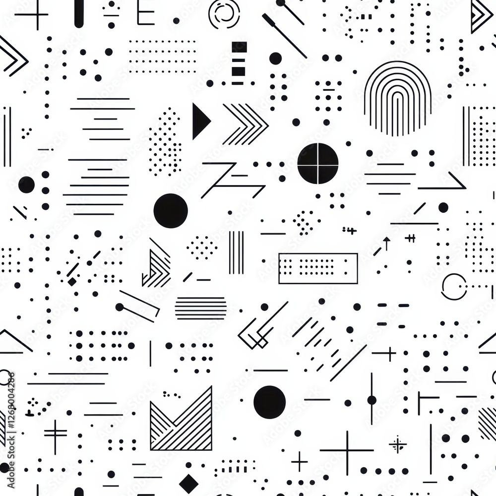 Poster abstract black and white geometric patterns with lines, shapes, and symbols create a visually striki