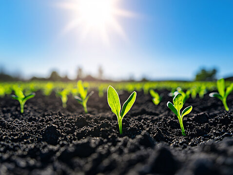 close-up of green sprouts emerging from dark soil under bright sunlight with a clear sky symbolizing nature's resilience and agricultural growth

