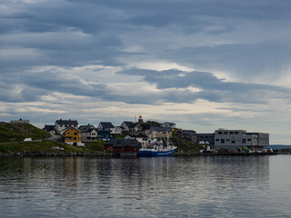 Obraz premium Photo of the town of Honningsvag, in the municipality of Nordkapp, in the Finnmark region of northern Norway. Barents Sea