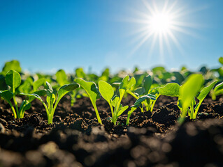 fresh green seedlings emerging from dark soil under bright sunlight against a blue sky symbolizing growth nature and sustainability

