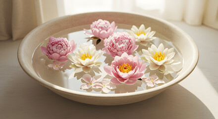 Beautiful pink and white water lilies floating in a bowl of water spa zen on transparent background