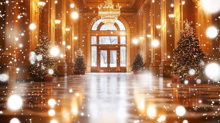 Obraz premium Grand entrance hall, Christmas trees, snowfall, festive lights.