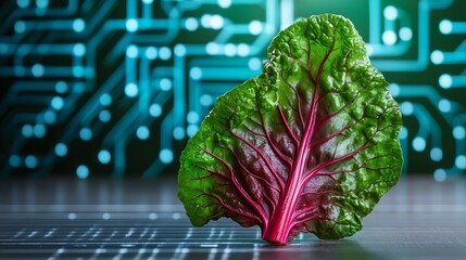 A single vibrant leaf of red chard rests on a dark surface against a blurred background of circuit board patterns.  The image evokes a sense of technological advancement in agriculture.