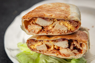 kebab chicken meat donner kebab shawarma sandwich tortilla meat filling fast food flatbread fresh tasty food dish gourmet food background on the table rustic food top view copy space