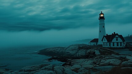 A serene lighthouse standing on rocky shores under a cloudy sky at dusk.