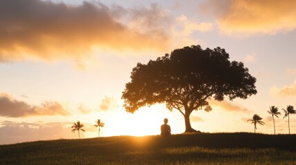 meditation at sunset with tree