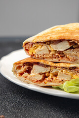 kebab chicken meat donner kebab shawarma sandwich tortilla meat filling fast food flatbread fresh tasty food dish gourmet food background on the table rustic food top view copy space