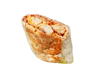 kebab chicken meat donner kebab shawarma sandwich tortilla meat filling fast food flatbread fresh tasty food dish gourmet food background on the table rustic food top view copy space