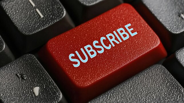 A close-up of a red subscribe button on a black keyboard.