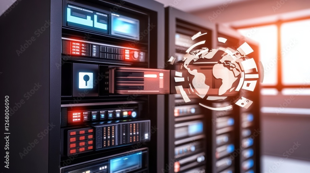 Poster data servers with a digital globe, symbolizing global connectivity.