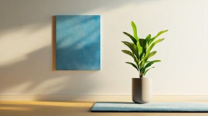minimalist interior with plant and art on wall