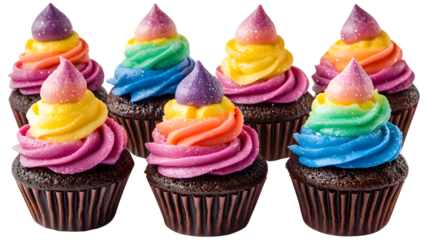 A vibrant collection of cupcakes topped with rainbow frosting, perfect for celebrations.