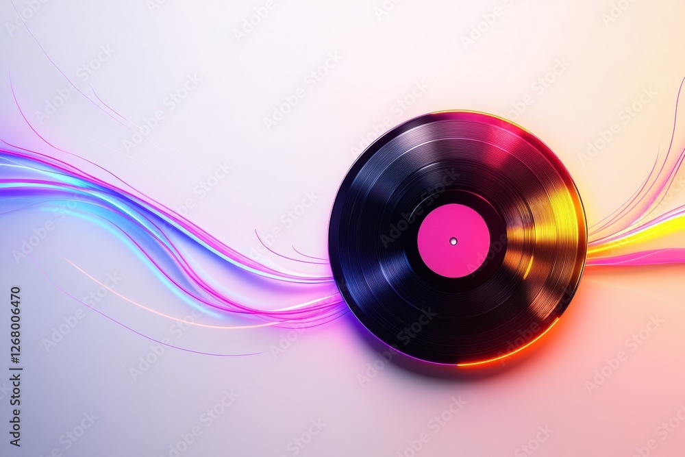 Poster vibrant vinyl record with colorful sound waves illustrating musics dynamic nature in an artistic des
