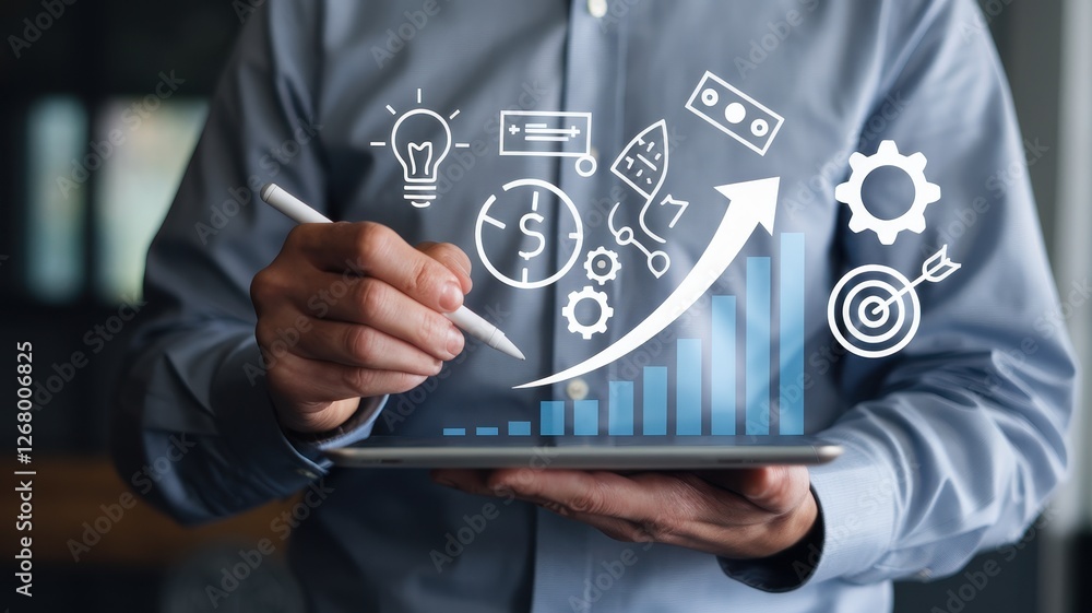 Poster man using tablet to analyze business growth and strategies