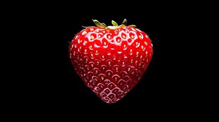 A single, ripe strawberry against a stark black background. The vibrant red of the berry pops against the darkness.
