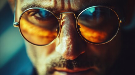 Intense Gaze: A Close-Up Portrait of a Man in Round Sunglasses